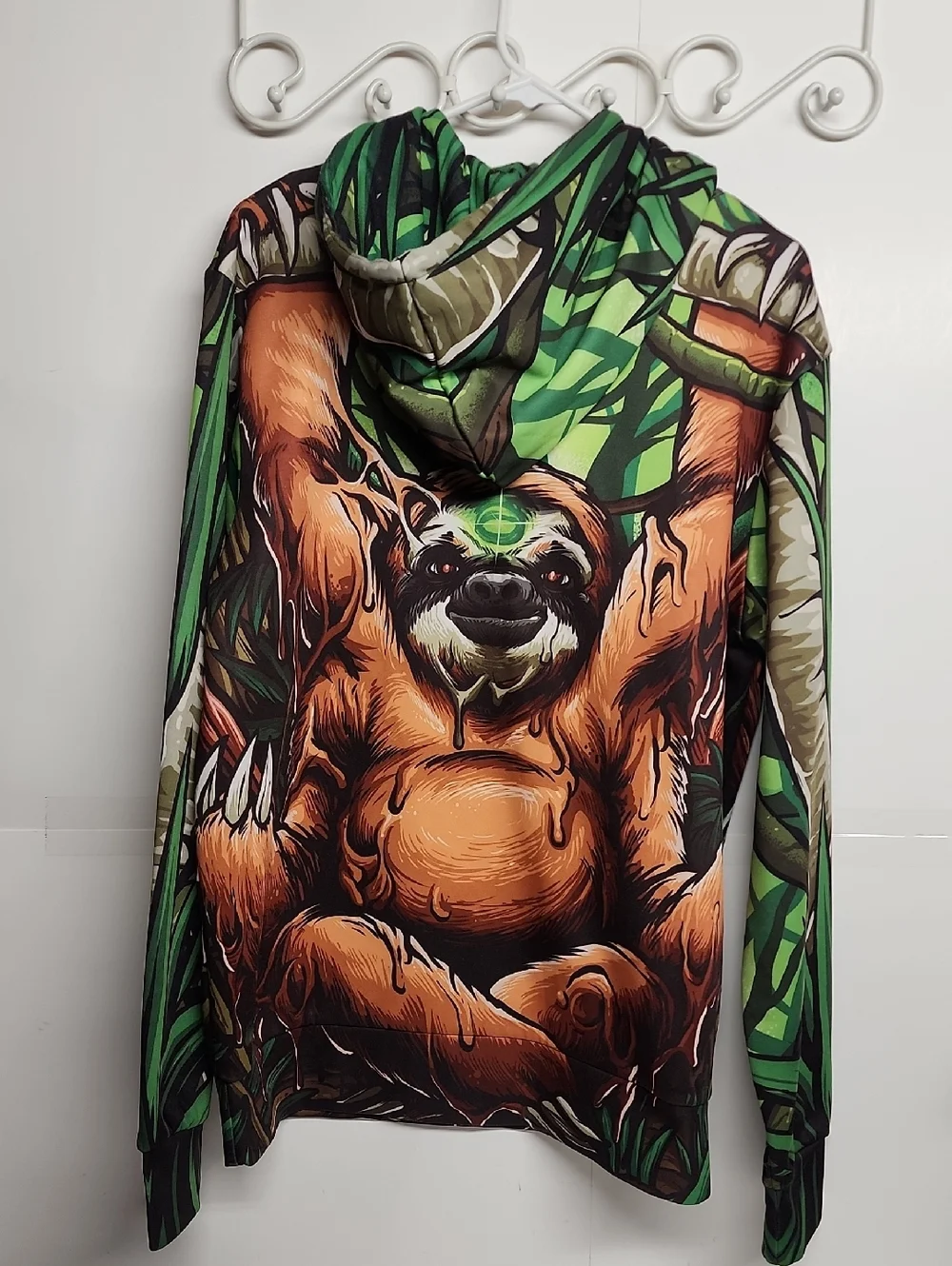Waz Shop Visionary Art & Apparel Graphic Sloth Hoodie in Green & Orange Size M